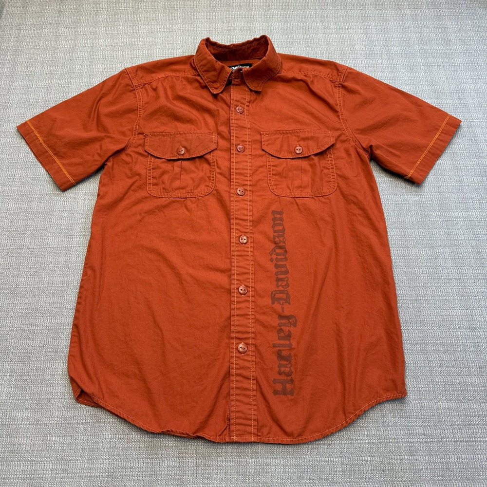 Harley Davidson Genuine MotorClothes Shirt Small Orange Short Sleeve Button‎ Up